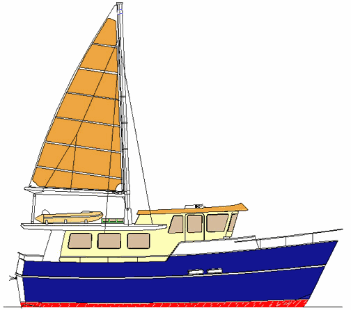 This Trawler will accept a steadying sail which can also add to the 